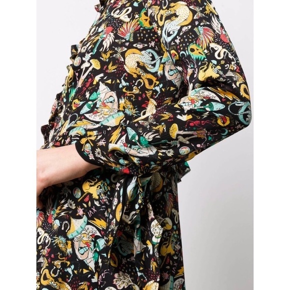 NEW ZADIG VOLTAIRE Circus Print Long Sleeve Tie Cuff Ruffled Button Up Dress XS - Picture 16 of 16